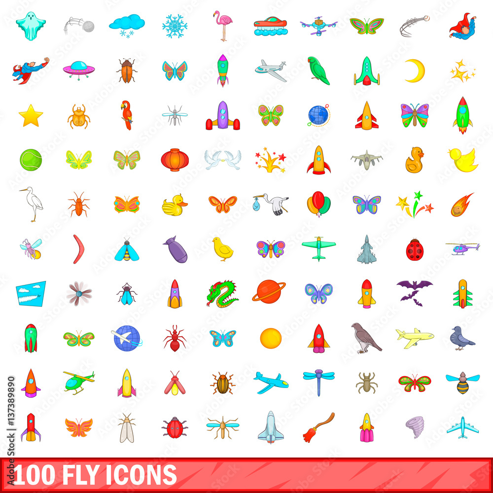100 fly icons set, cartoon style