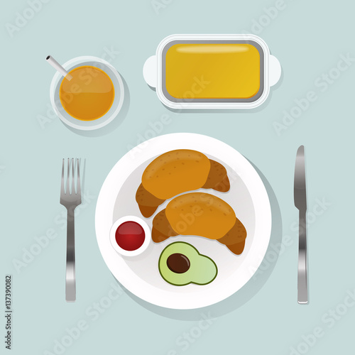 Healthy breakfast food with croissant top view vector illustration.