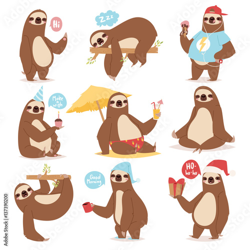 Laziness sloth animal character different pose like human cute lazy cartoon kawaii and slow down wild jungle mammal flat design vector illustration.