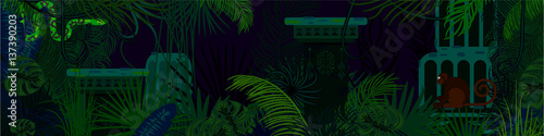 Rainforest wild animals and plants horizontal vector background. Green hanging snake and monkey in the night jungles.