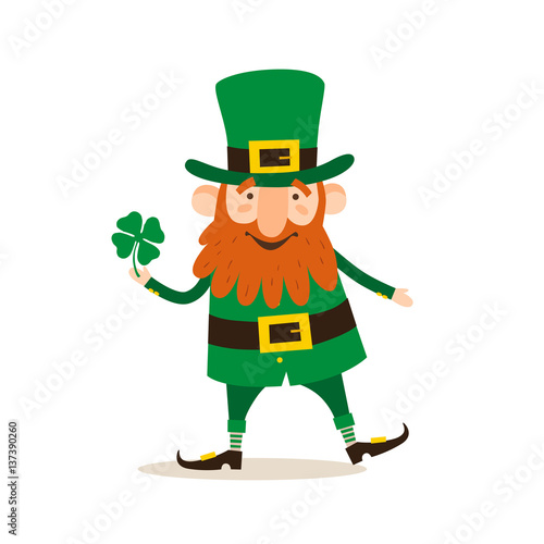 Saint Patrick's Day. Funny Leprechaun with leaf clover on a light background. Vector illustration.
