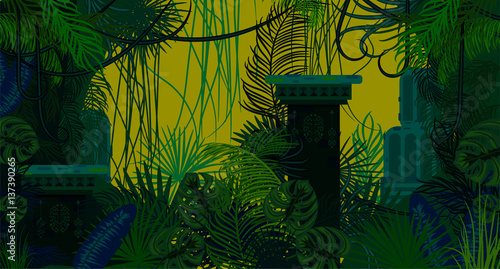 Abandoned ancient jungle nature background. Dark green and blue palm leaves, tree branches and mayan ruins vector.