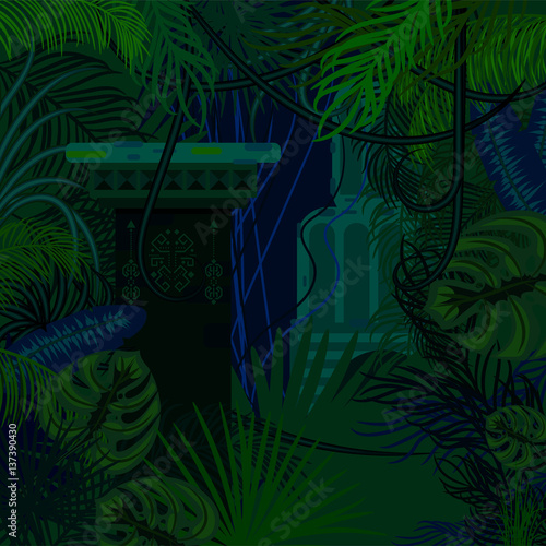 Thicket foliage jungle nature background. Dark night green and blue palm leaves, tree branches and mayan columns vector.