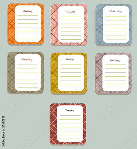 The sheets of the planner for weekly planning in a pretty box with the names of the days of the week. Diary.Vector illustration. 