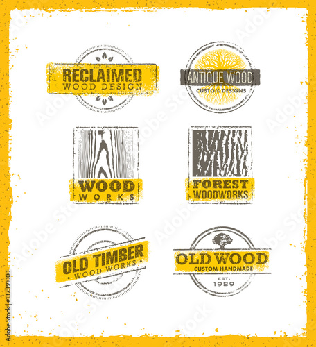 Reclaimed Wood Design Element. Creative Set Of Rustic Labels And Stamps For Custom Interior Workshop Company.