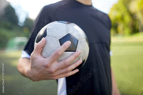 close up of soccer player with football on field © Syda Productions