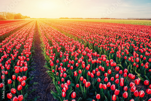 Beautiful field of red tulips in the Netherlands. Fantastic spri