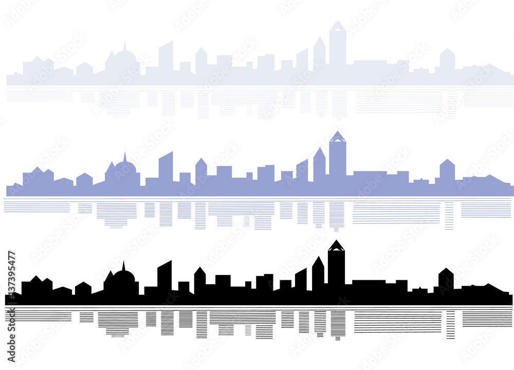 City skyline vector illustration. Urban landscape. Silhouette. Cityscape in flat style. Modern city landscape. Cityscape backgrounds. Daytime city skyline. Set.