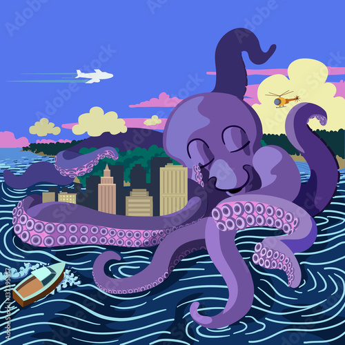 A giant octopus hugging a city creates turbulent waters as a jet airliners flies by, a helicopter looks on and a boat crashes against the waves.
