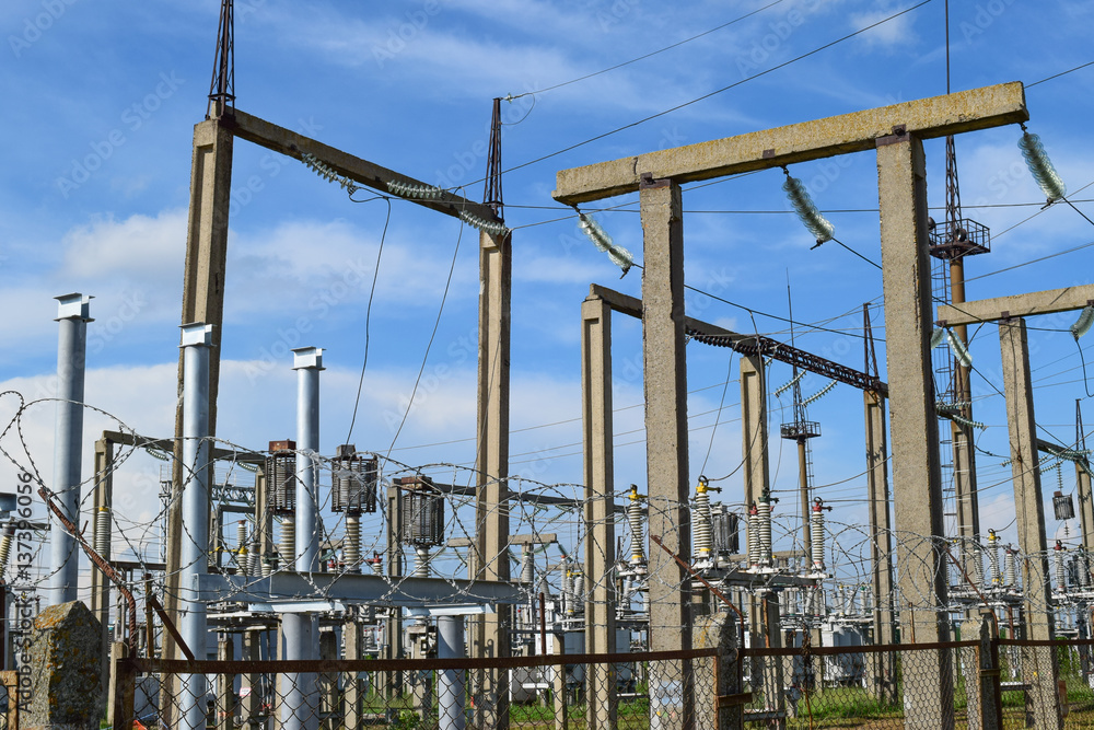 Electric substation. power transmission equipment. Stobo, wires and insulators.