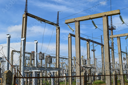 Electric substation. power transmission equipment. Stobo, wires and insulators.