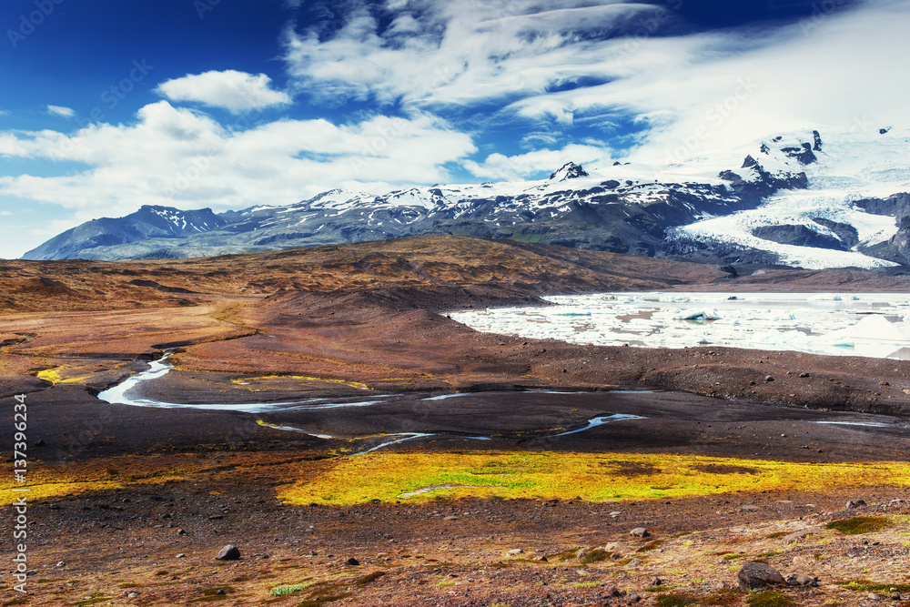 The beautiful landscape of mountains and rivers in Iceland.
