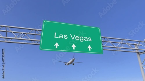 Twin engine commercial airplane arriving to Las Vegas airport. Travelling to United States conceptual 4K animation