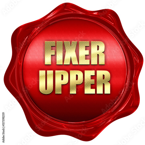 Foto fixer upper, 3D rendering, red wax stamp with text