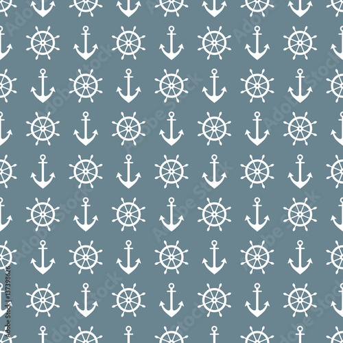 Vector seamless pattern with anchor, steering wheel. Symmetrical background, nautical theme. Graphic illustration. Template for wrapping, backgrounds, fabric, prints, decor, surface