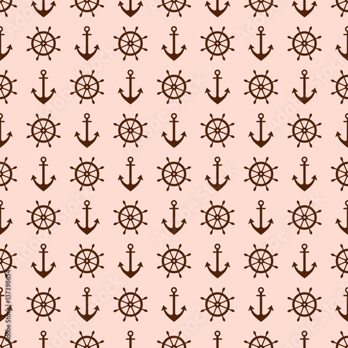 Vector seamless pattern with anchor, steering wheel. Symmetrical background, nautical theme. Graphic illustration. Template for wrapping, backgrounds, fabric, prints, decor, surface