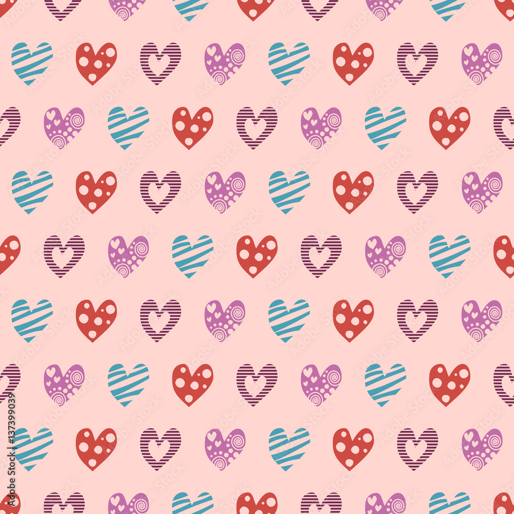 Seamless vector pattern with hearts. Background with hand drawn ornamental symbols. Template for wrapping, decor, surface, cards, backgrounds, textile, print. Repeat ornament. Series of Love Patterns. Seamless vector pattern with hearts. Background with hand drawn ornamental symbols. Template for wrapping, decor, surface, cards, backgrounds, textile, print. Repeat ornament. Series of Love Patterns.