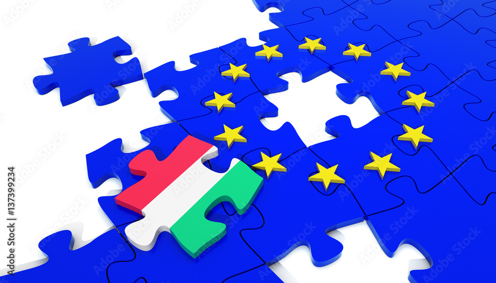 European Union Puzzle and one Puzzle Piece with Hungary Flag. 3D illustration European Union Puzzle and one Puzzle Piece with Hungary Flag. 3D illustration