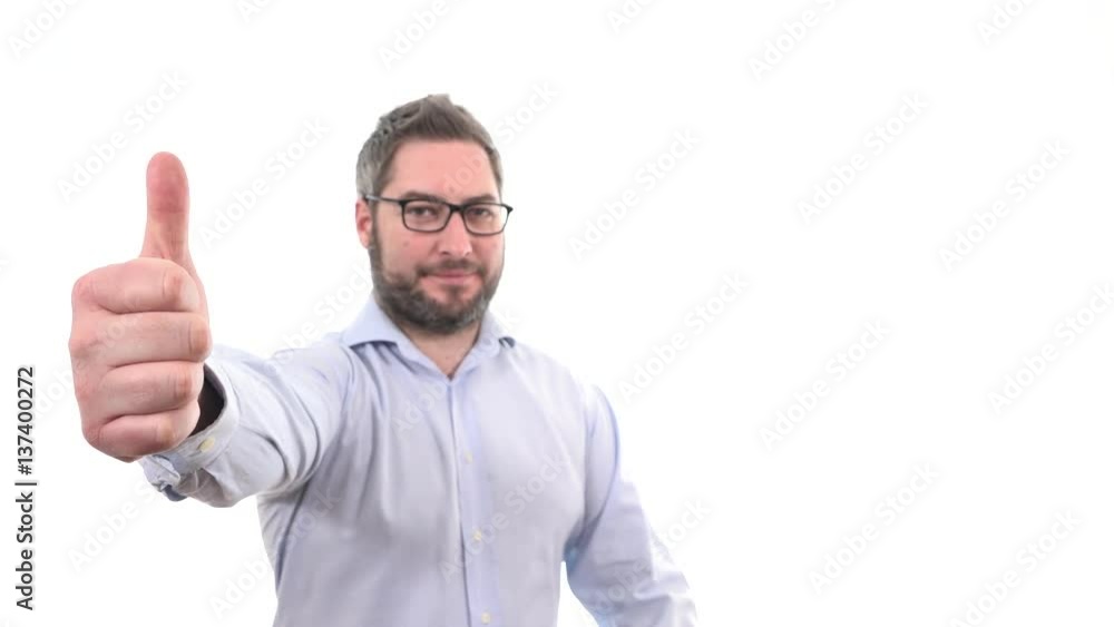 Caucasian man smiling happy giving thumb up business success hand indoor white background, soft focused businessman Caucasian man smiling happy giving thumb up business success hand indoor white background, soft focused businessman