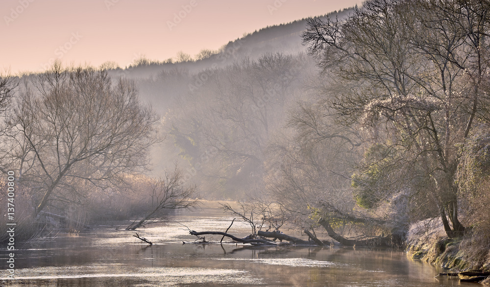 Fototapeta premium Frosty winter river landscape in the countryside
