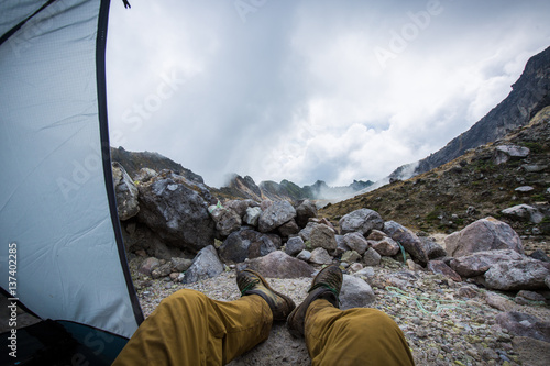 Camping in a tent in Indonesia 
