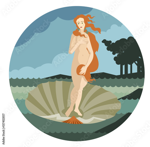 redhead venus standing in a shell in the sea