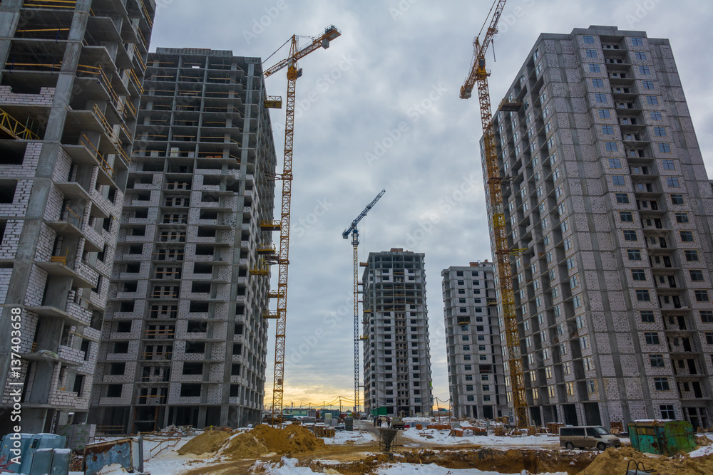 Fototapeta premium Large-scale construction of residential district, high-rise buildings
