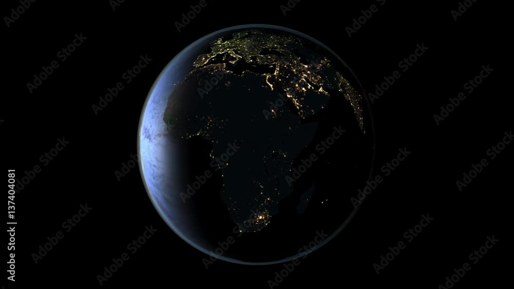 Satellite view of day-night transition above Africa with visible city lights on full planet Earth. Seamless loop Satellite view of day-night transition above Africa with visible city lights on full planet Earth. Seamless loop