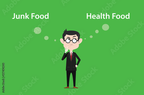 illustration of a man wearing spectacles confuse to make decision between eating junk food or health food