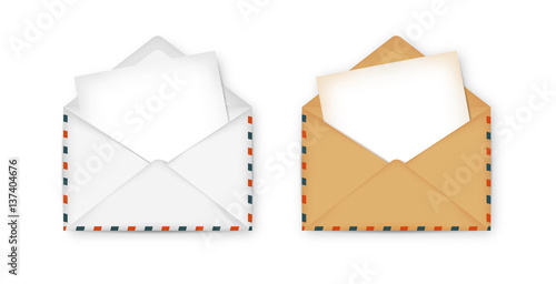 Open envelope with paper for notes inside. White and brown notepaper. Vector illustration.