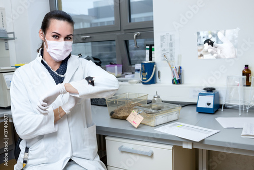 Scientst handles a laboratory mouse