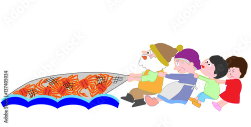 カニ漁を手伝う子供たち