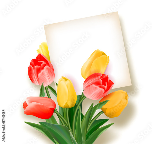 Bouquet of tulips with a card inside. Space for text. Holiday background with sheet of paper and flowers. Vector illustration.
