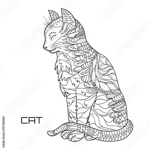 Cat. Design Zentangle. Hand drawn cat with abstract patterns on isolation background. Design for spiritual relaxation for adults.  Black and white illustration for coloring. Zen art