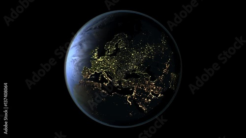 Satellite view of day-night transition above Europe with visible city lights on full planet Earth. Seamless loop