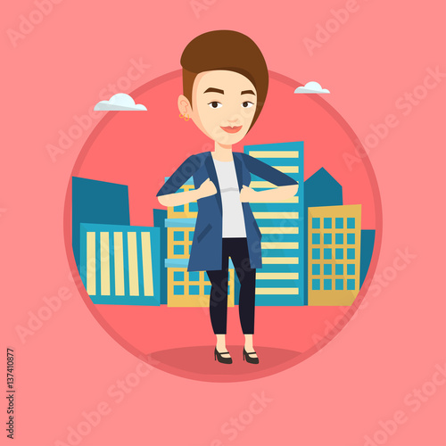 Business woman opening her jacket like superhero.