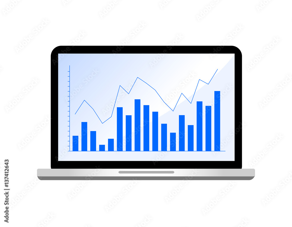 Blue bar graph in labtop monitor, flat design. Vector illustration isolated on white background. Blue bar graph in labtop monitor, flat design. Vector illustration isolated on white background.