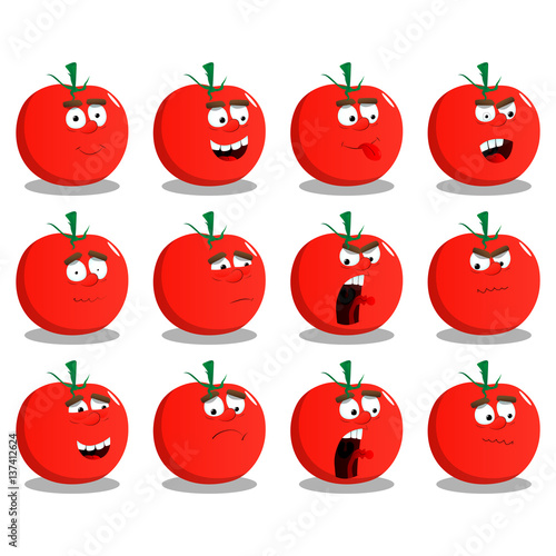 Vector illustrated cartoon tomatos with facial expressions.