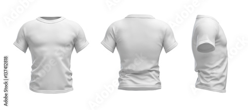 3d rendering of a white T-shirt shaped as a realistic male torso in front, side and back view.