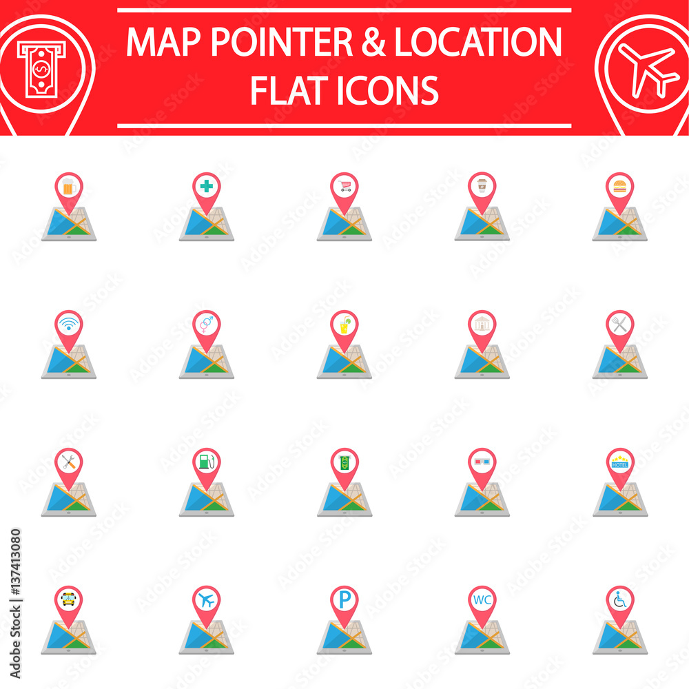 Map pointer flat pictograms package, Location symbols collection, mobile gps services vector sketches, logo illustrations, navigation colorful solid icon set isolated on white background, eps 10. Map pointer flat pictograms package, Location symbols collection, mobile gps services vector sketches, logo illustrations, navigation colorful solid icon set isolated on white background, eps 10.