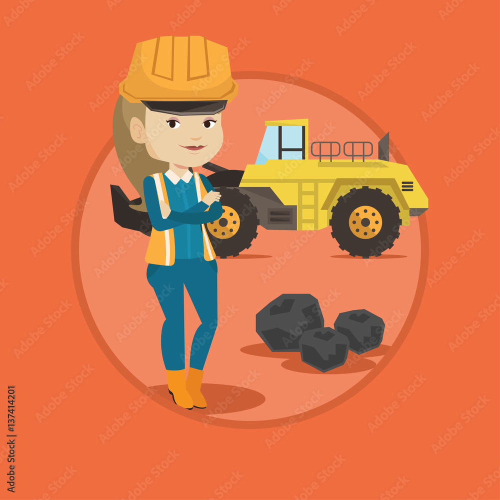Miner with a big excavator on background. Miner with a big excavator on background.