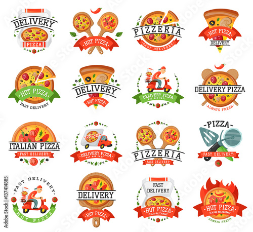 Delivery pizza badge vector illustration.