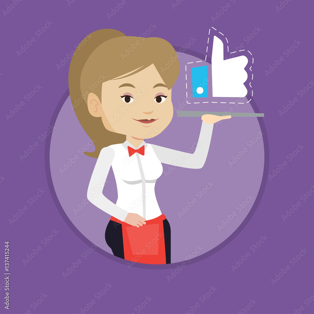 Waitress with like button vector illustration. Waitress with like button vector illustration.