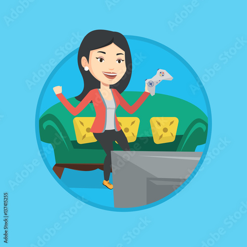 Woman playing video game vector illustration.