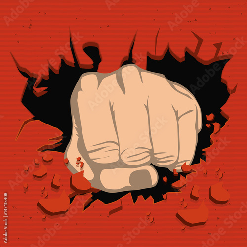 colorful realistic fist breaking wall vector illustration