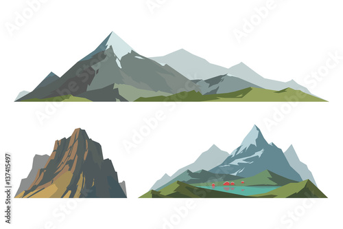 Mountain mature silhouette element outdoor icon snow ice tops and decorative isolated camping landscape travel climbing or hiking geology vector illustration.