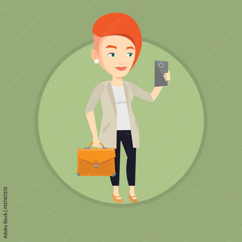 Business woman making selfie vector illustration.
