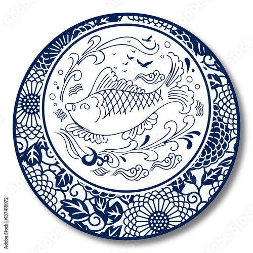 Chinese Traditional Blue And White Porcelain, Fish And Water