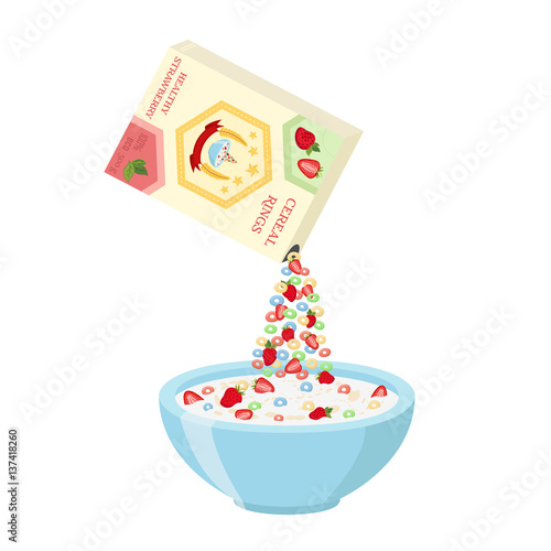 Cereal rings box, strawberry with bowl. Oatmeal breakfast with milk