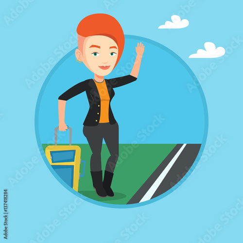 Young woman hitchhiking vector illustration.
